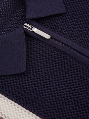 Reiss Navy/Camel Ricardo Ché Knitted Contrast Stripe Half-Zip Zip Polo Shirt - Image 4 of 5