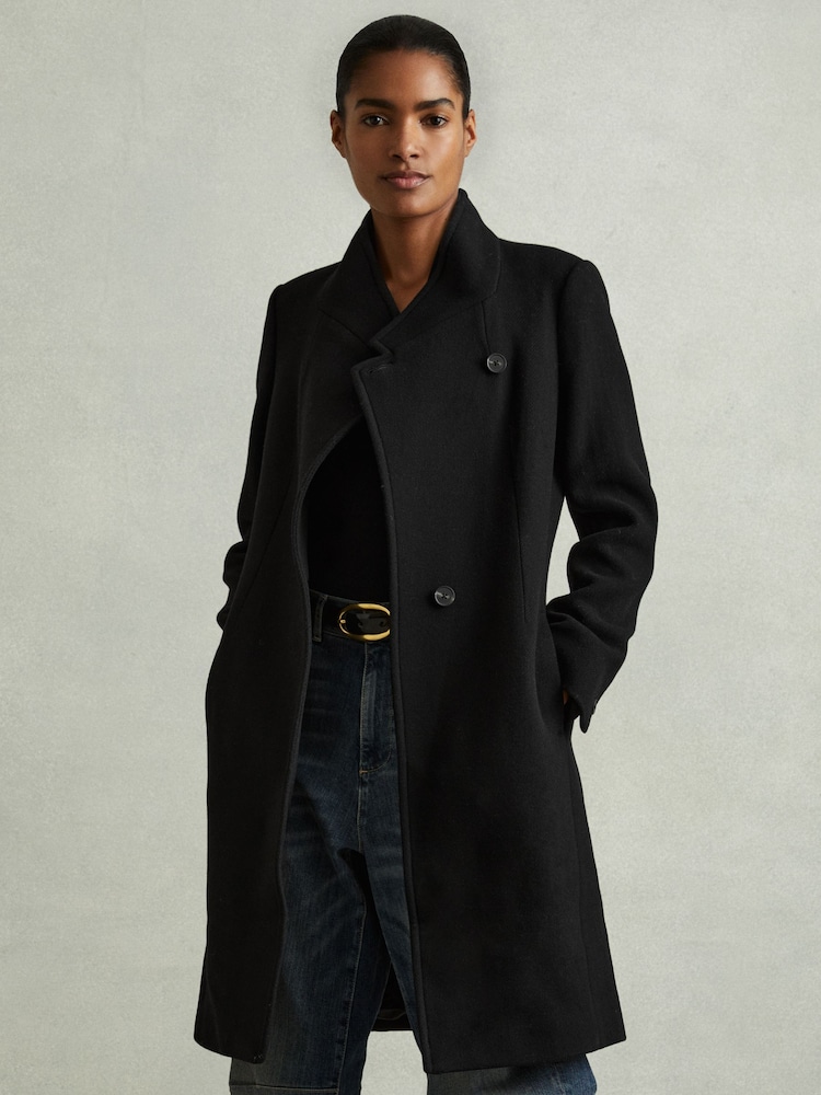 Reiss Black Maude Petite Wool-Blend Longline Double-Breasted Coat - Image 1 of 7