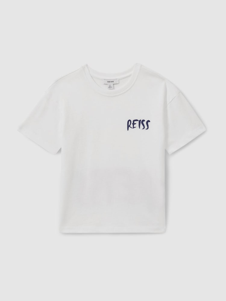 Reiss Optic White/Navy Abbott 13-14 yrs Cotton-Jersey Logo-Print T-shirt - Image 1 of 4