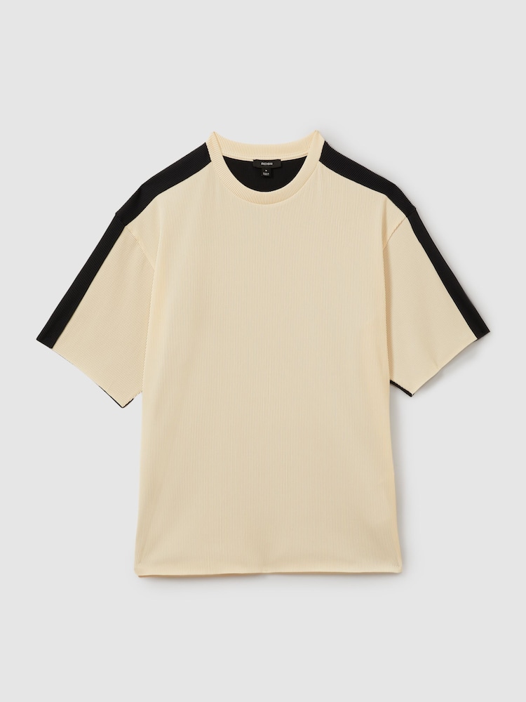 Reiss Off White/Navy Canyon Oversized Plisse Crew Neck T-Shirt - Image 2 of 6