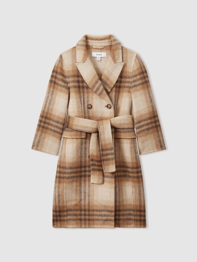 Reiss Brown Maeve 9-13 yrs Checked Wool Blend Blindseam Coat - Image 2 of 5