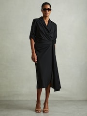 Reiss Black Whitney Wrap Front Twist Detail Midi Dress - Image 1 of 5
