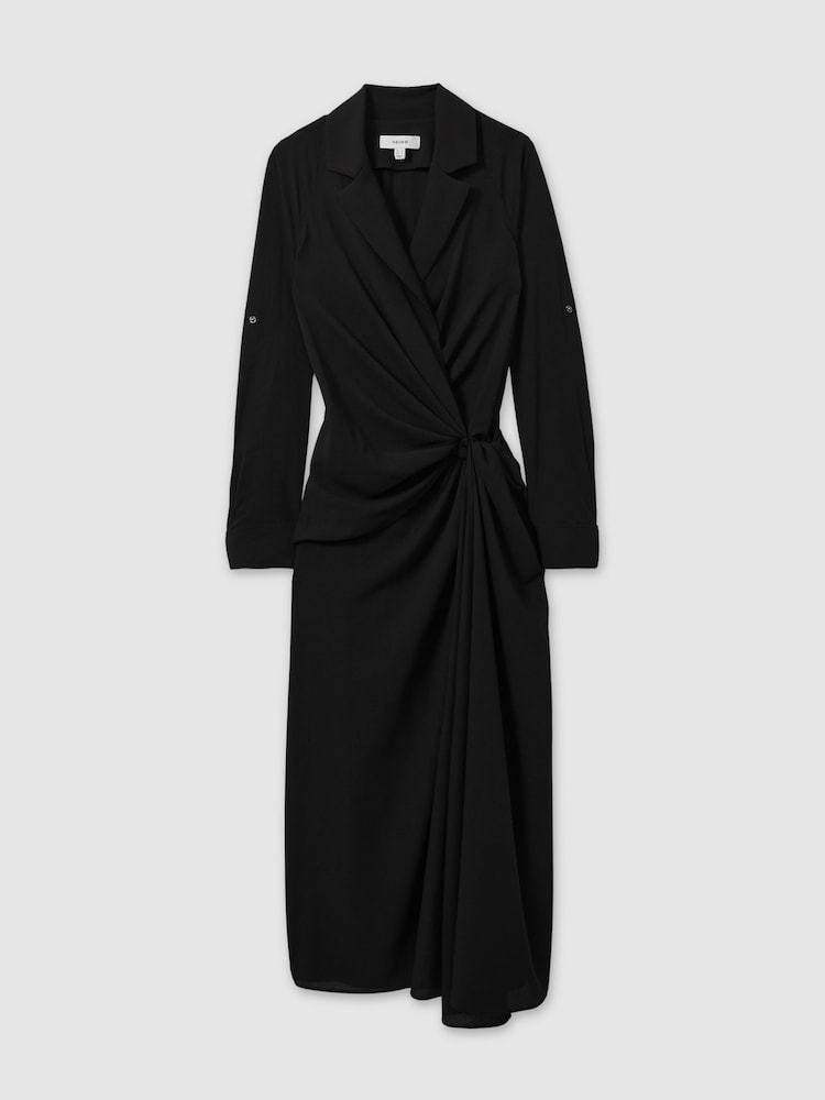 Reiss Black Whitney Wrap Front Twist Detail Midi Dress - Image 2 of 5
