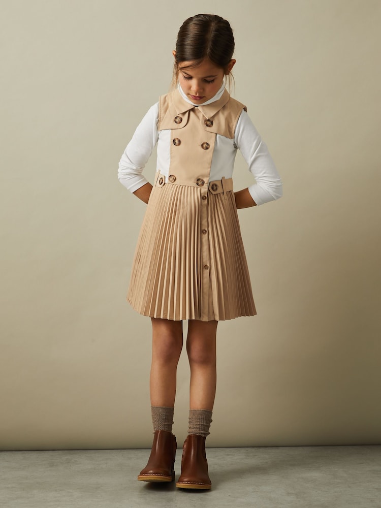 Reiss Camel Georgina 4-9 yrs Pleated Button-Front Dress - Image 1 of 4