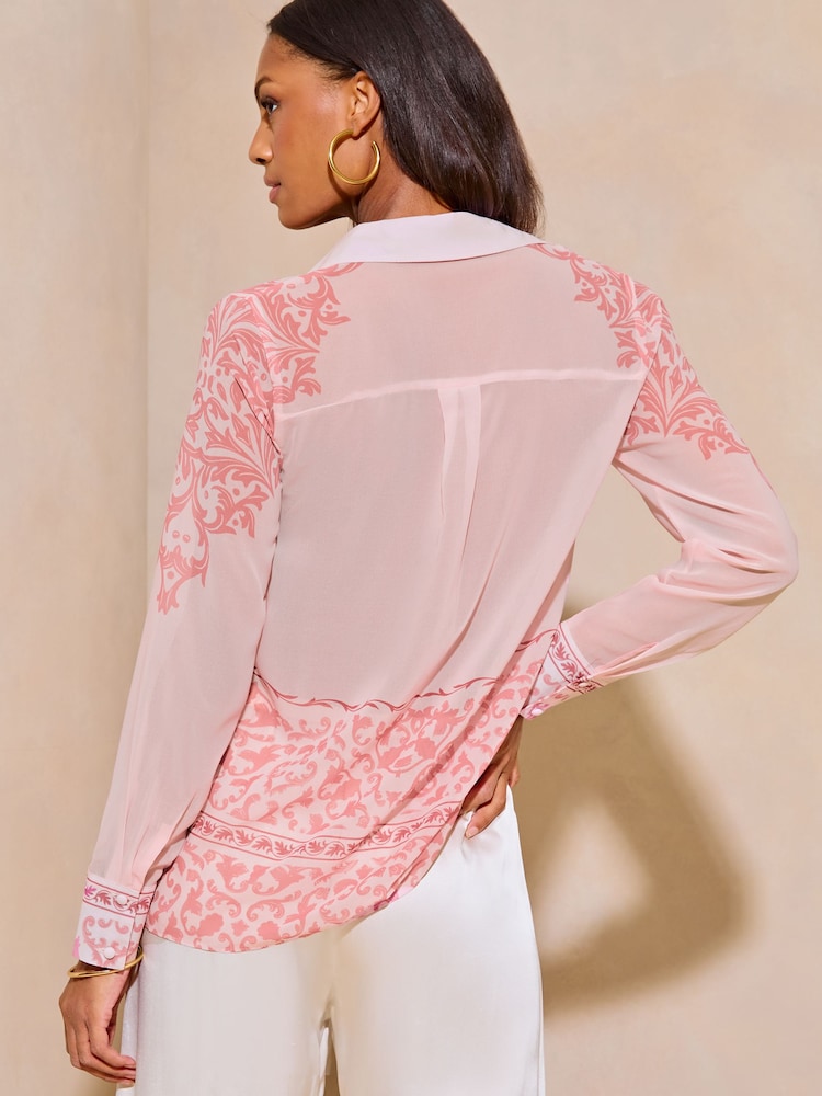 Lipsy Pink Chiffon Long Sleeve Button Through Blouse - Image 2 of 4