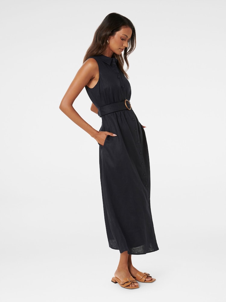 Forever New Blue Pure Linen Gabbie Petite Button Midi Dress - Image 3 of 4