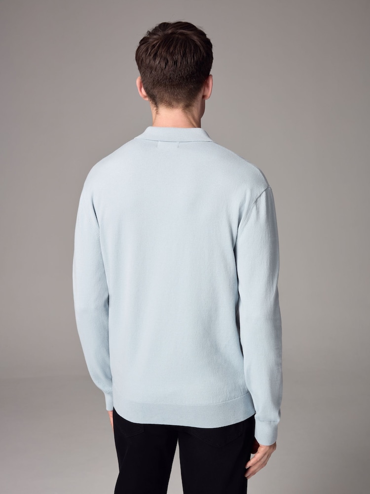 Blue Light Slim Fit Knitted Long Sleeve Polo Shirt - Image 3 of 6