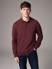 Red/Brown Slim Fit Knitted Long Sleeve Polo Shirt - Image 1 of 5