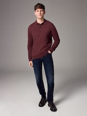 Red/Brown Slim Fit Knitted Long Sleeve Polo Shirt - Image 2 of 5