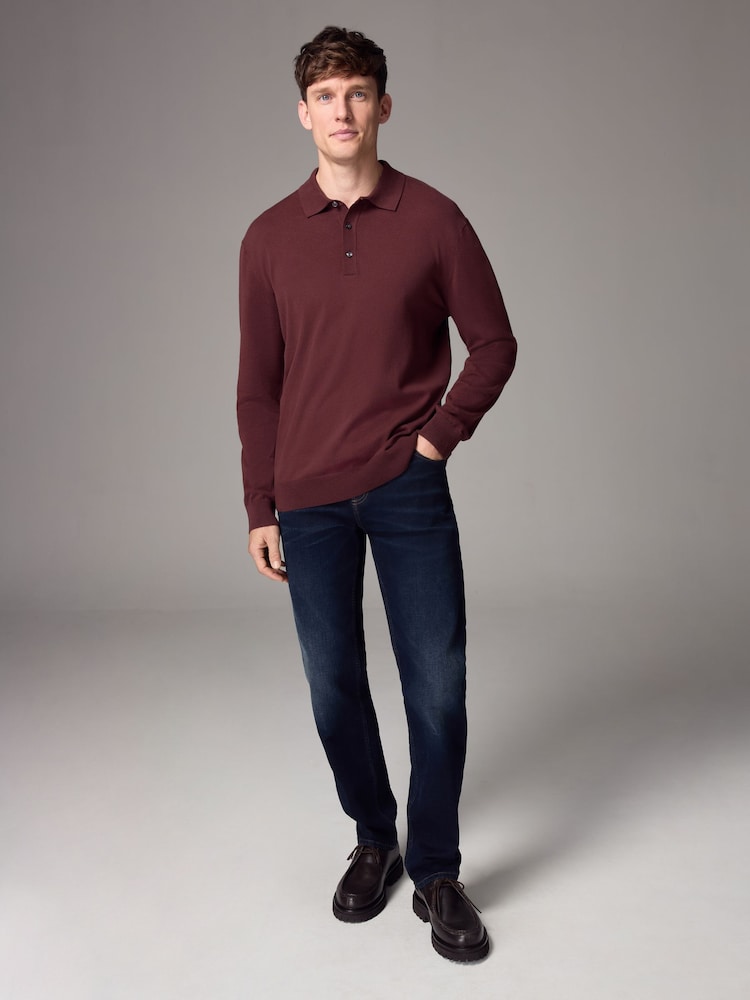 Red/Brown Slim Fit Knitted Long Sleeve Polo Shirt - Image 2 of 5