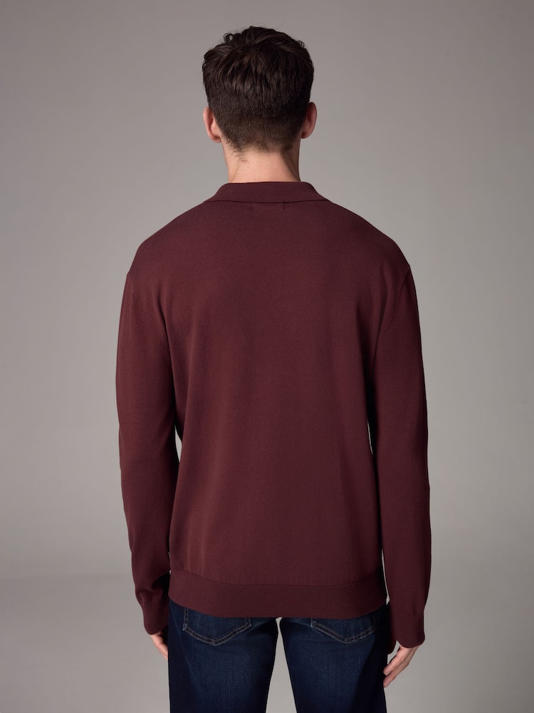 Red/Brown Slim Fit Knitted Long Sleeve Polo Shirt - Image 3 of 5
