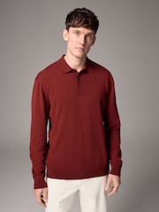 Red Rust Slim Fit Knitted Long Sleeve Polo Shirt - Image 1 of 5