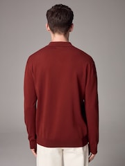 Red Rust Slim Fit Knitted Long Sleeve Polo Shirt - Image 3 of 5