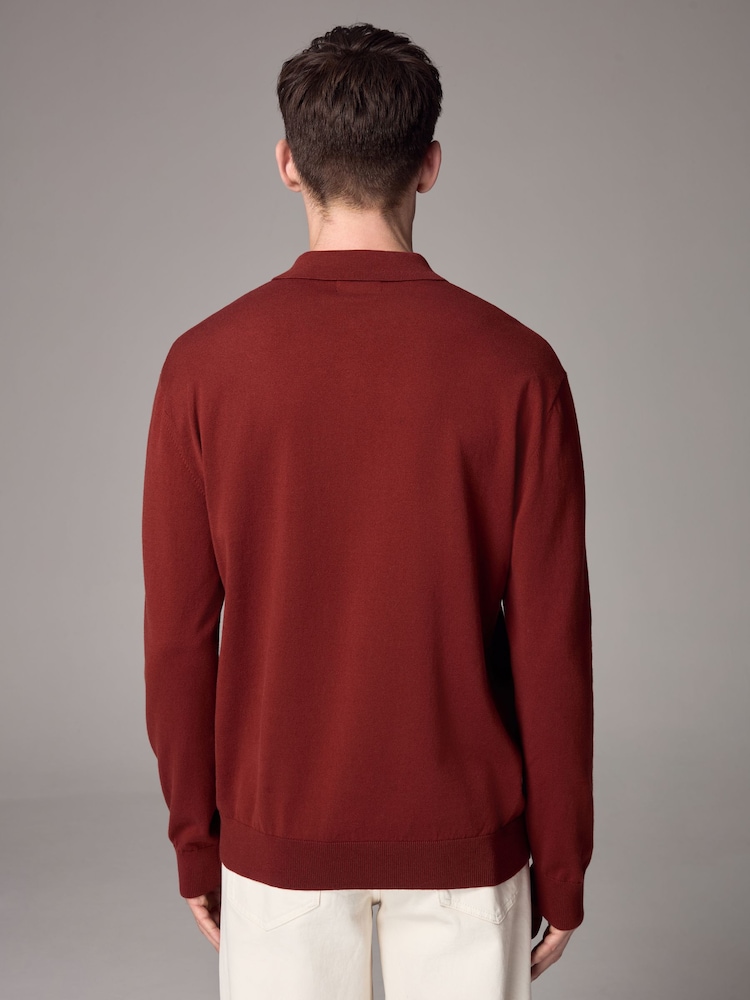 Red Rust Slim Fit Knitted Long Sleeve Polo Shirt - Image 3 of 5