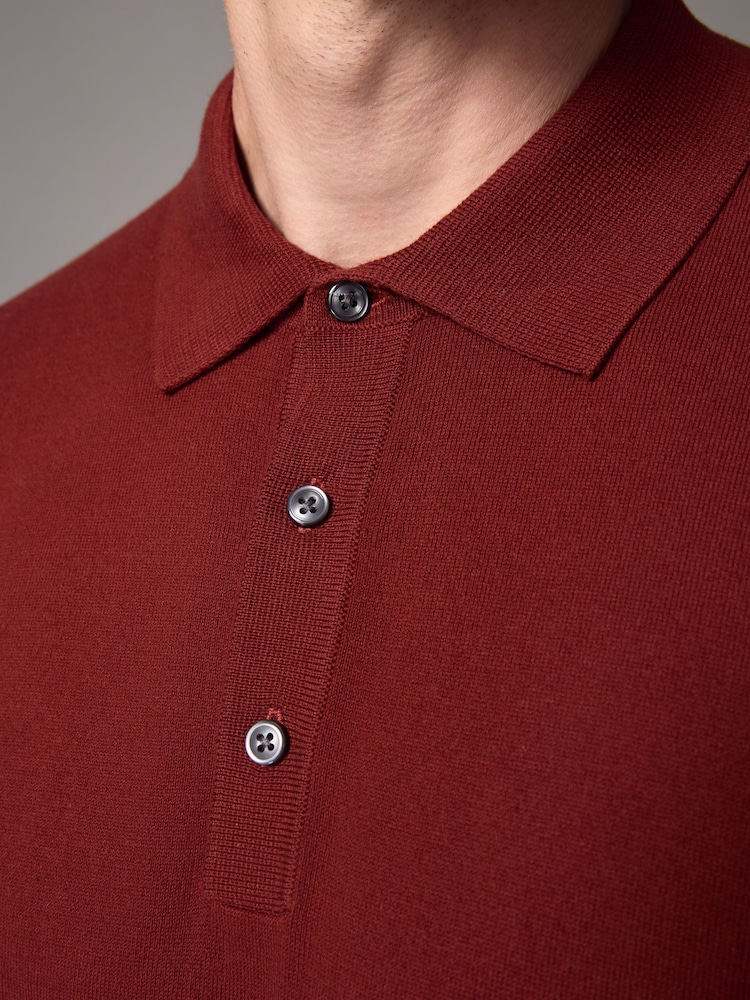 Red Rust Slim Fit Knitted Long Sleeve Polo Shirt - Image 5 of 5