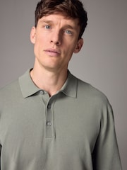 Green Sage Slim Fit Knitted Long Sleeve Polo Shirt - Image 1 of 6