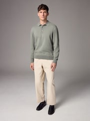 Green Sage Slim Fit Knitted Long Sleeve Polo Shirt - Image 2 of 6