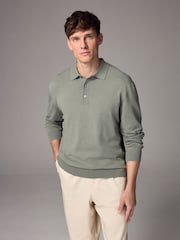 Green Sage Slim Fit Knitted Long Sleeve Polo Shirt - Image 4 of 6