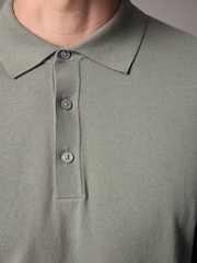 Green Sage Slim Fit Knitted Long Sleeve Polo Shirt - Image 5 of 6