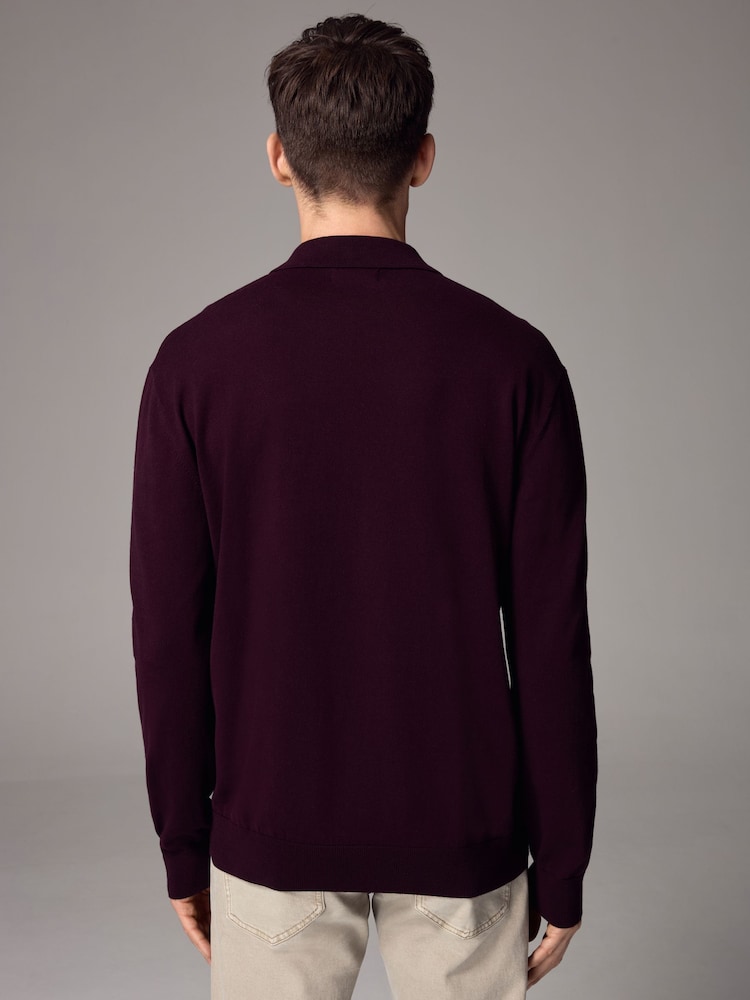 Red Burgundy Slim Fit Knitted Long Sleeve Polo Shirt - Image 3 of 7