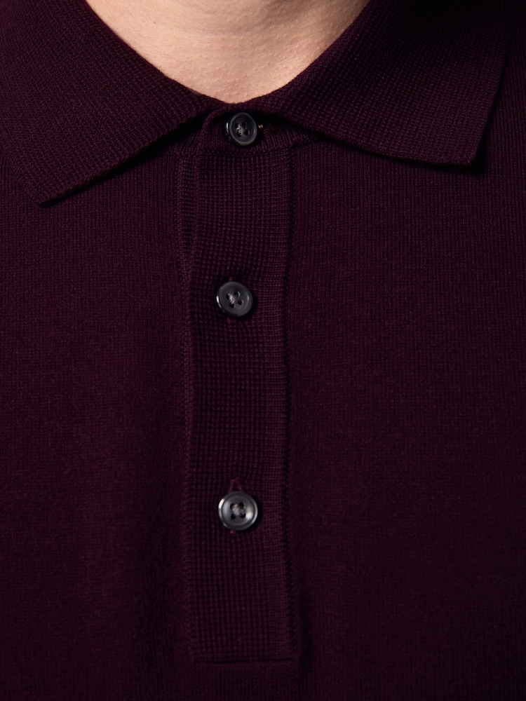 Red Burgundy Slim Fit Knitted Long Sleeve Polo Shirt - Image 4 of 7