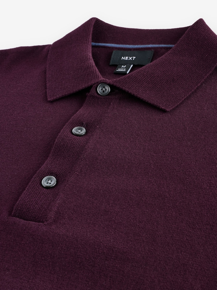 Red Burgundy Slim Fit Knitted Long Sleeve Polo Shirt - Image 6 of 7
