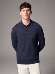 Navy Blue Marl Slim Fit Knitted Long Sleeve Polo Shirt - Image 1 of 8