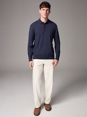 Navy Blue Marl Slim Fit Knitted Long Sleeve Polo Shirt - Image 2 of 8