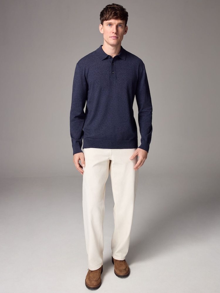 Navy Blue Marl Slim Fit Knitted Long Sleeve Polo Shirt - Image 2 of 8