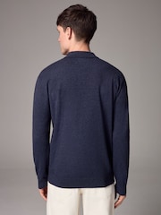 Navy Blue Marl Slim Fit Knitted Long Sleeve Polo Shirt - Image 3 of 8