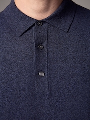 Navy Blue Marl Slim Fit Knitted Long Sleeve Polo Shirt - Image 4 of 8