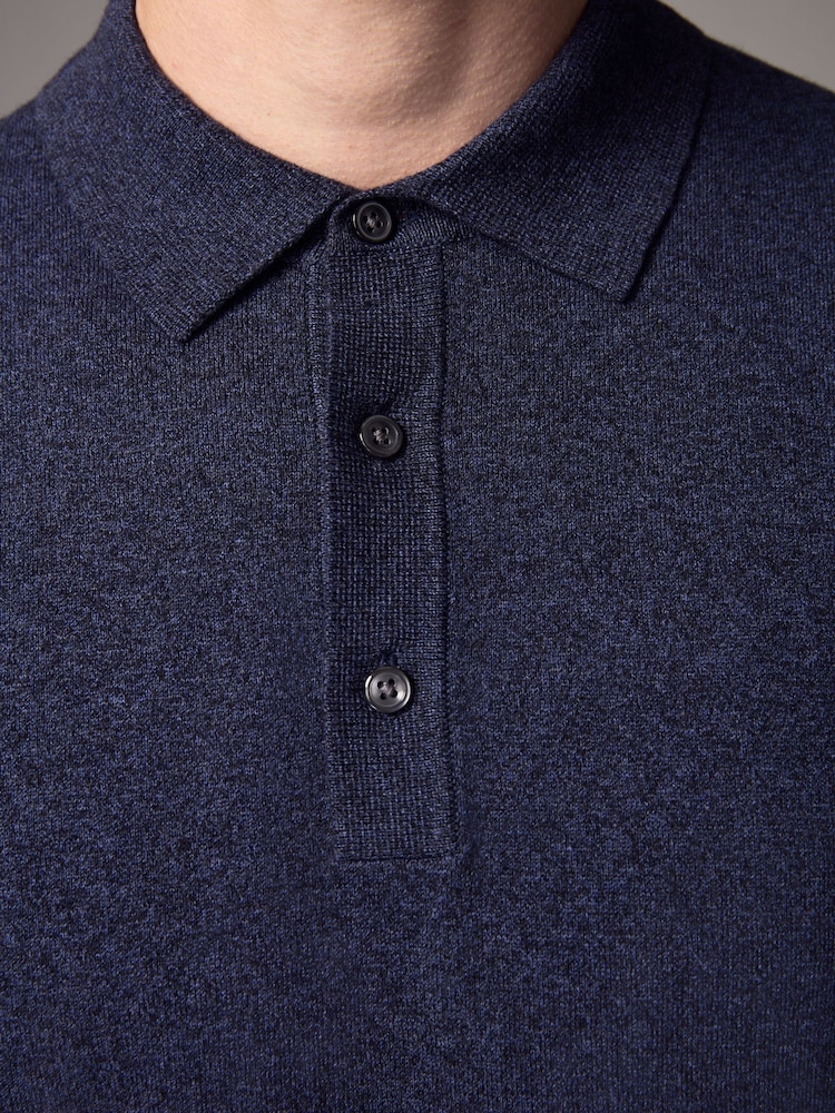 Navy Blue Marl Slim Fit Knitted Long Sleeve Polo Shirt - Image 4 of 8
