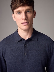 Navy Blue Marl Slim Fit Knitted Long Sleeve Polo Shirt - Image 5 of 8