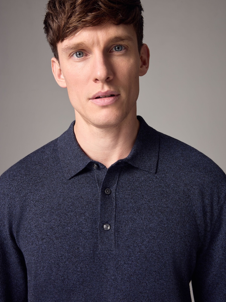 Navy Blue Marl Slim Fit Knitted Long Sleeve Polo Shirt - Image 5 of 8