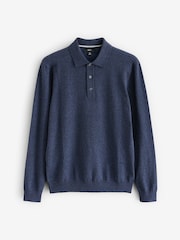 Navy Blue Marl Slim Fit Knitted Long Sleeve Polo Shirt - Image 6 of 8