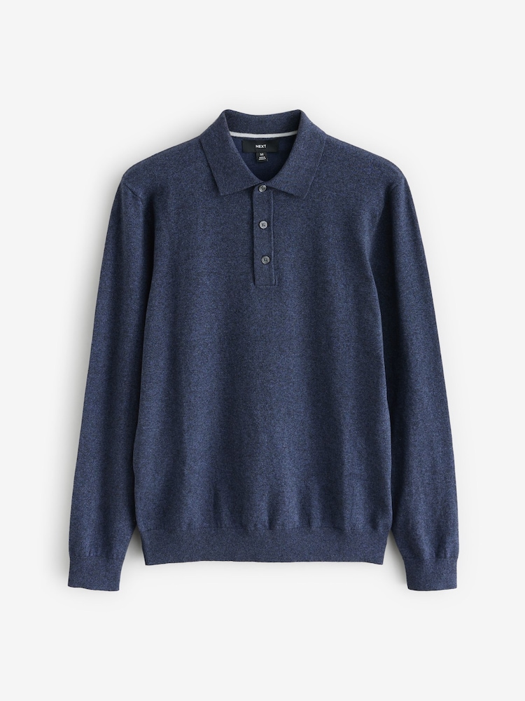 Navy Blue Marl Slim Fit Knitted Long Sleeve Polo Shirt - Image 6 of 8