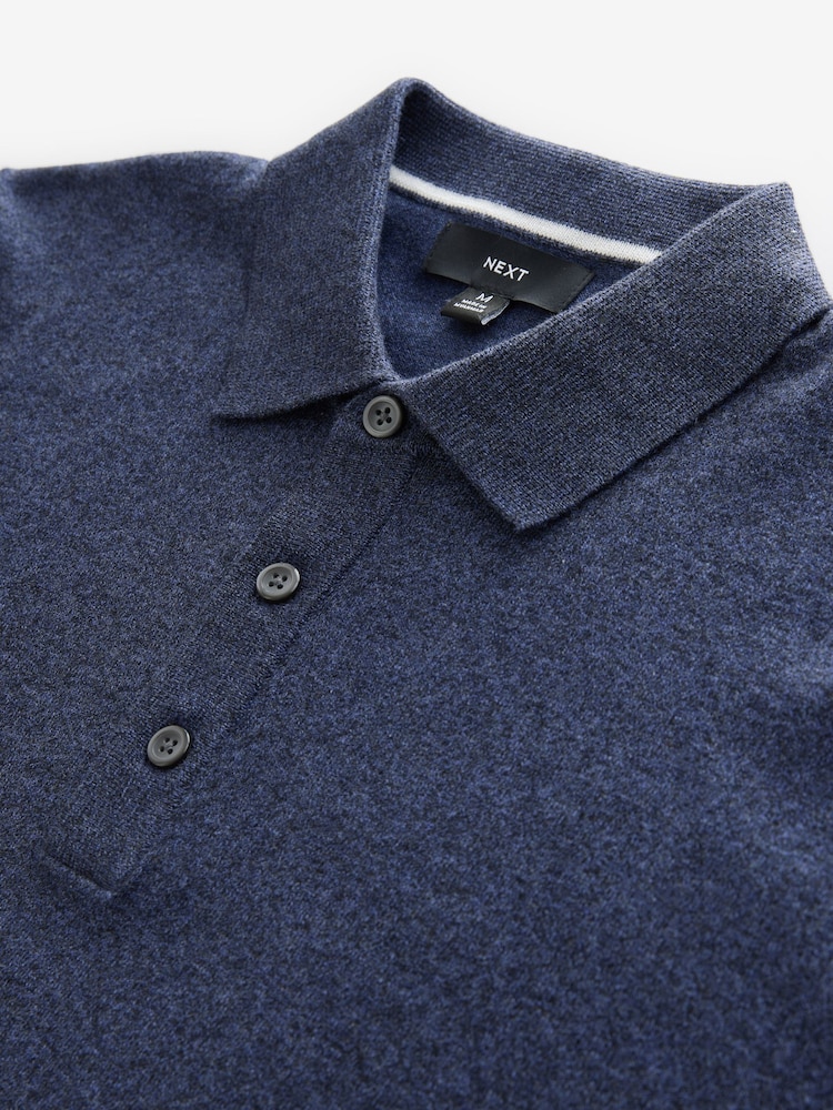 Navy Blue Marl Slim Fit Knitted Long Sleeve Polo Shirt - Image 8 of 8