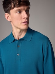Blue Teal Slim Fit Knitted Long Sleeve Polo Shirt - Image 1 of 6