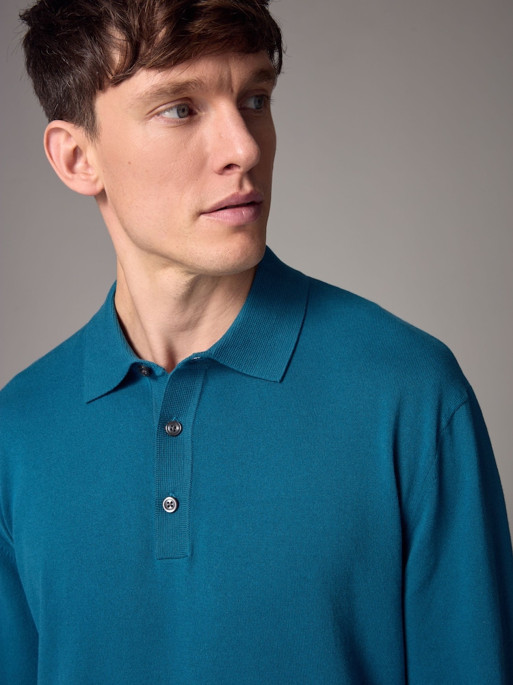 Blue Teal Slim Fit Knitted Long Sleeve Polo Shirt - Image 1 of 6
