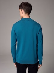 Blue Teal Slim Fit Knitted Long Sleeve Polo Shirt - Image 2 of 6