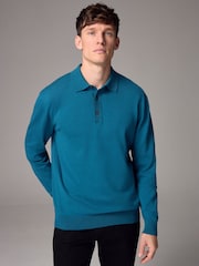 Blue Teal Slim Fit Knitted Long Sleeve Polo Shirt - Image 3 of 6