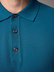 Blue Teal Slim Fit Knitted Long Sleeve Polo Shirt - Image 4 of 6