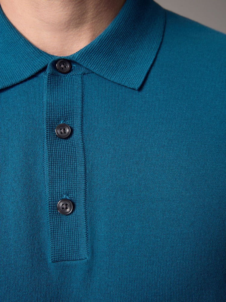 Blue Teal Slim Fit Knitted Long Sleeve Polo Shirt - Image 4 of 6