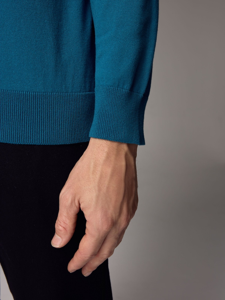 Blue Teal Slim Fit Knitted Long Sleeve Polo Shirt - Image 5 of 6