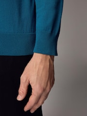 Blue Teal Slim Fit Knitted Long Sleeve Polo Shirt - Image 6 of 6