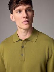 Green Olive Slim Fit Knitted Long Sleeve Polo Shirt - Image 1 of 6
