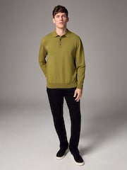 Green Olive Slim Fit Knitted Long Sleeve Polo Shirt - Image 2 of 6