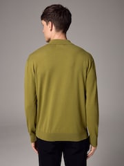 Green Olive Slim Fit Knitted Long Sleeve Polo Shirt - Image 3 of 6