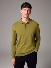 Green Olive Slim Fit Knitted Long Sleeve Polo Shirt - Image 4 of 6
