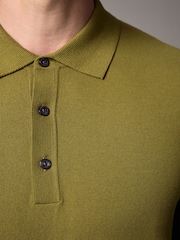 Green Olive Slim Fit Knitted Long Sleeve Polo Shirt - Image 5 of 6
